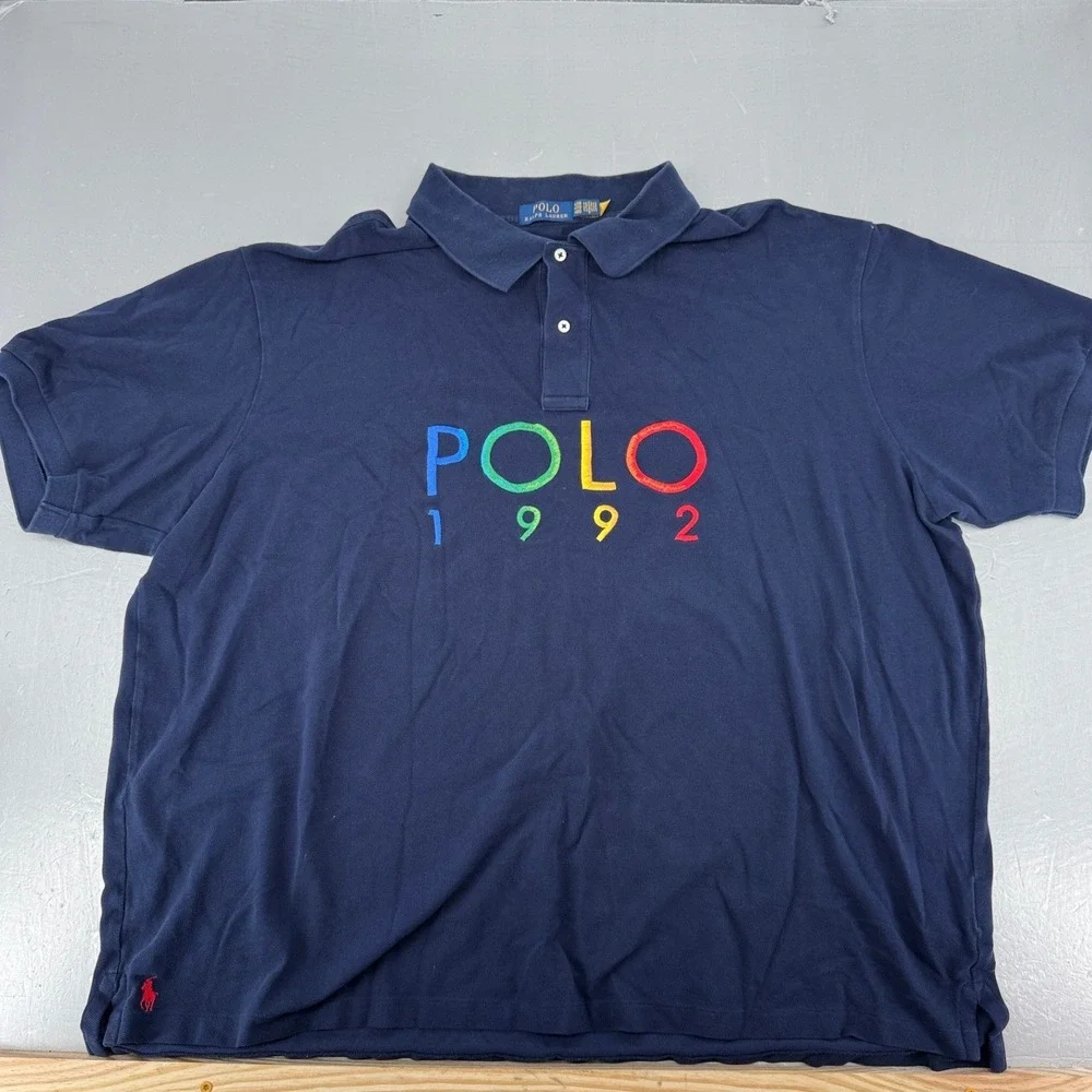 Polo Ralph Lauren Mens Navy Blue Embroidered Polo 1992 Graphic Shirt 4XB 4TG 4EG